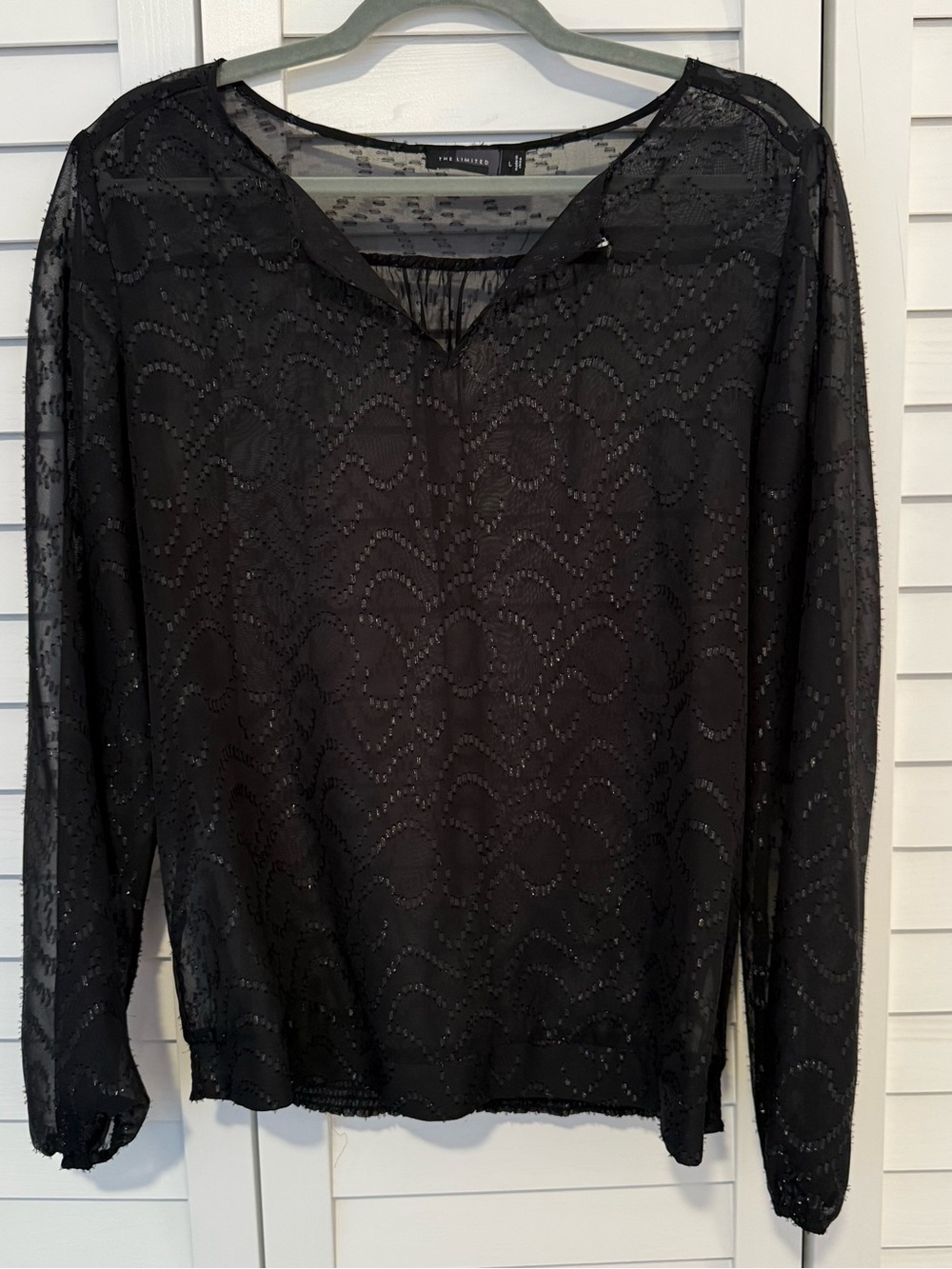 The Limited Black Sheer Dot-Wave Long Sleeve Blouse Sparkly, Holiday, Party